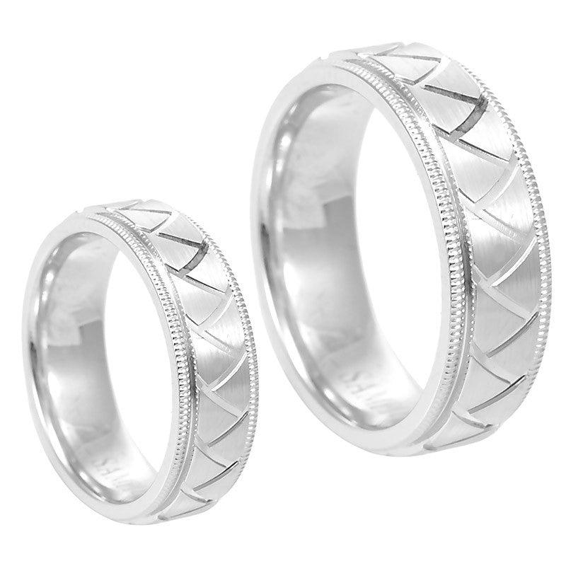 14K White Gold Comfort Fit Band with Milgrain and Carved Triangle Design