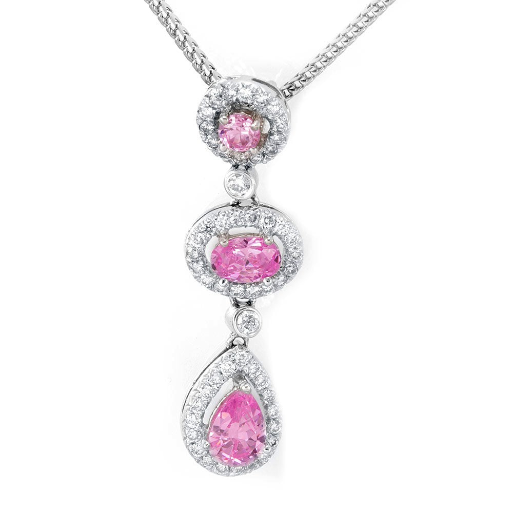 Pink Stone Diamond Halo Pendant in 14K White Gold