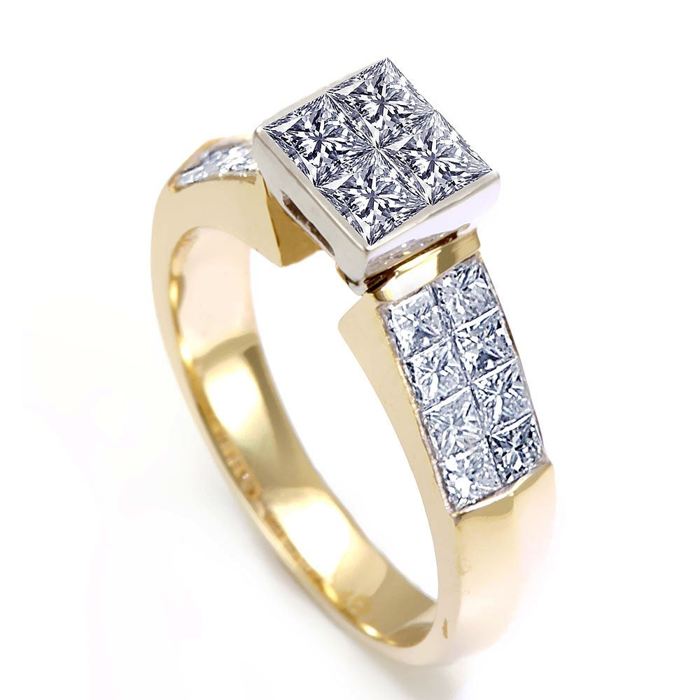 Invisible Set Princess Cut Diamonds Ladies Ring in 14K Two Tone