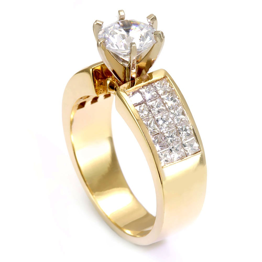 Three Row Princess Cut Diamond Engagement Ring in 14K Yellow Gold