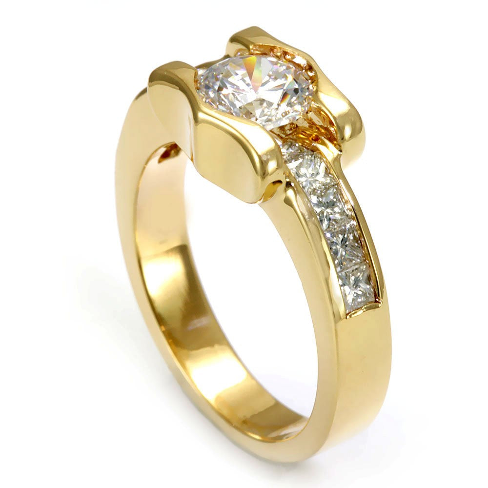 14K Yellow Gold Engagement Ring with Princess Cut Diamond Side Stones